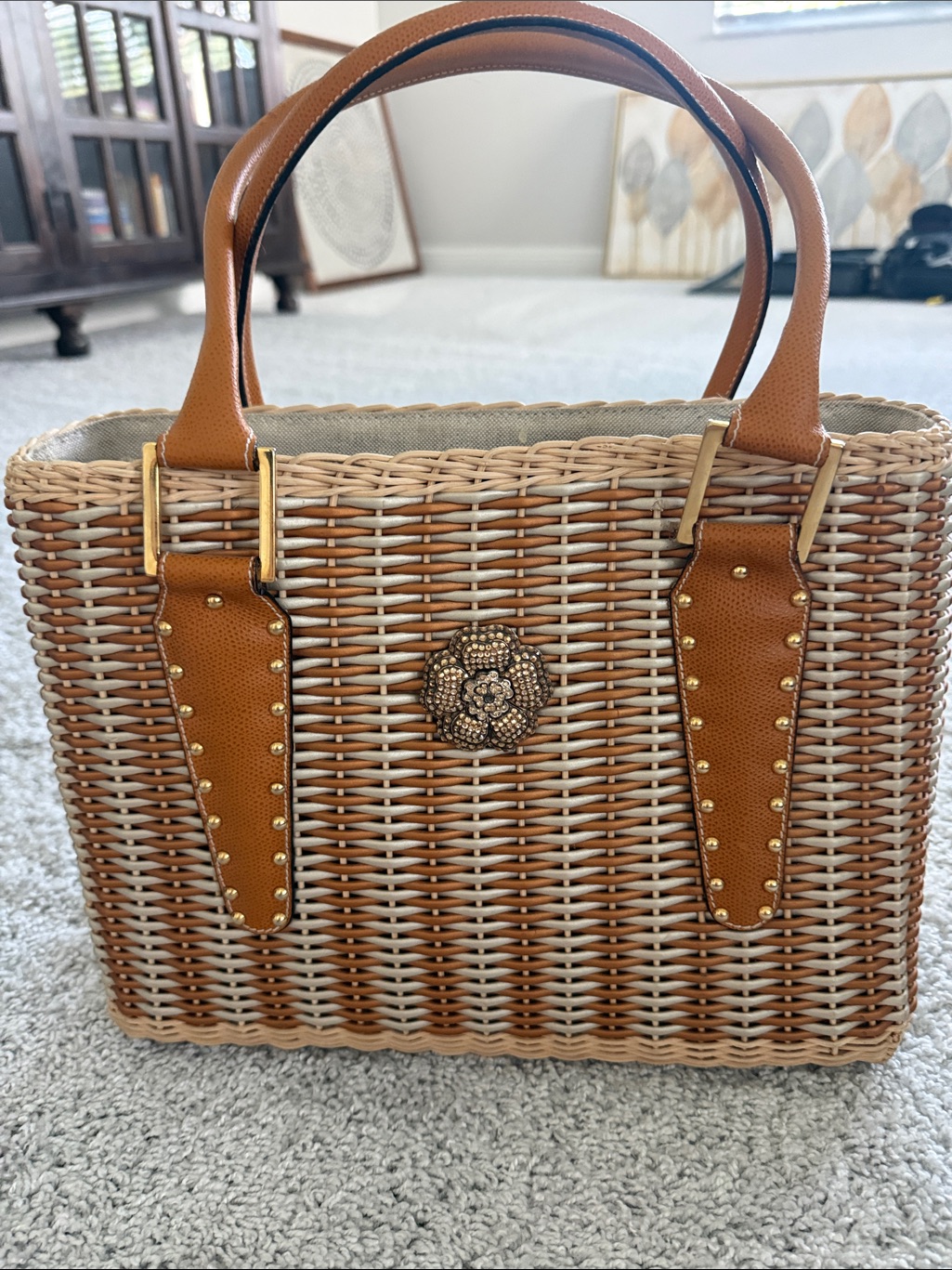 Woven Rattan Tote Bag With Tan Leather Trim